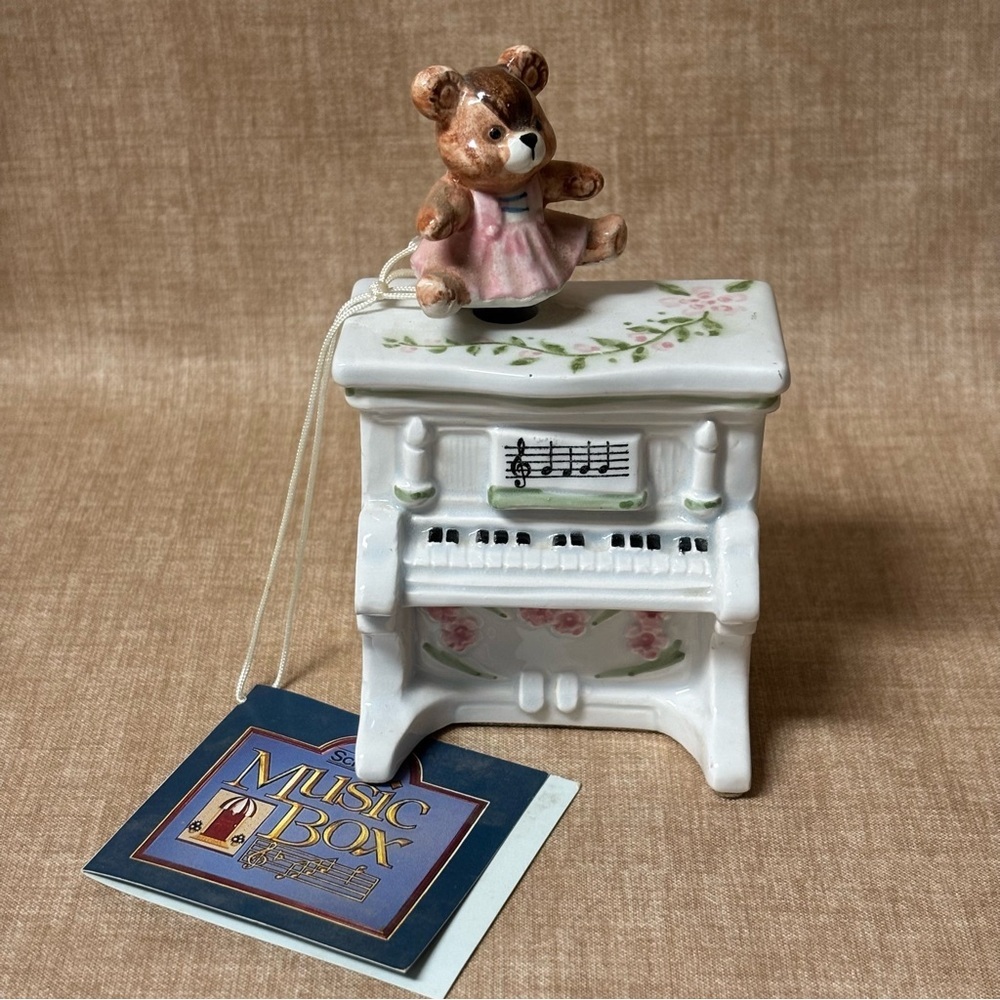 Vintage Schmid Music Box
Revolving Teddy Bear on
Piano Ceramic Hand Painted